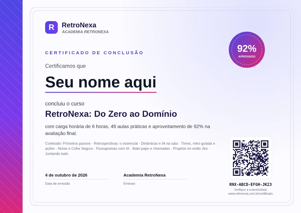 Exemplo de certificado da Academia RetroNexa, com nome, curso, carga horária, nota, código e QR Code de verificação